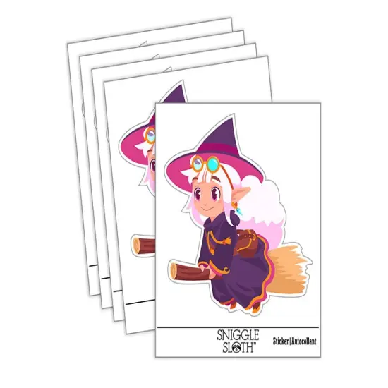 Cute Witch Floating on Broom Waterproof Vinyl Phone Tablet Laptop Water Bottle Sticker Set - 5 Pack {2}