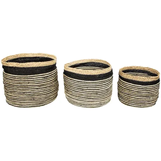 Northlight Set of 3 Tan and Black Striped Seagrass Storage Baskets with Braided Trim 17" Brown {1}