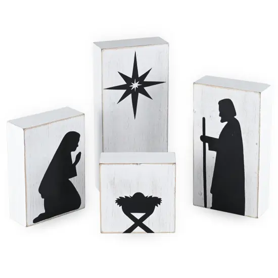 Ornativity Wooden Block Nativity Scene - Black Silhouette Christmas Figures on White Painted Wood Blocks Indoor Nativity Table Top Set Decorations - 1 Set {1}
