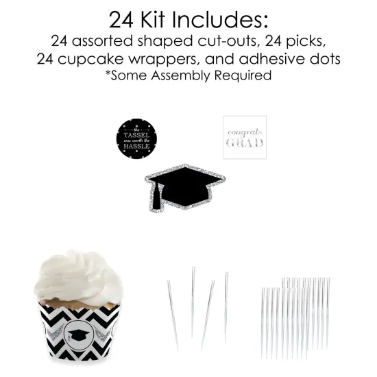 Big Dot of Happiness Tassel Worth The Hassle - Silver - Cupcake Wrappers and Treat Picks Kit - Set of 24 {6}