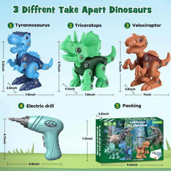 Laradola Dinosaur Toys for 3 4 5 6 7 8 Year Old Boys, Kids Take Apart STEM Construction Building Kids Toys with Electric Drill, Party Christmas Birthday Gifts Boys Girls {2}