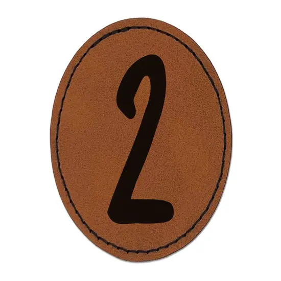 Number 2 Two Felt Marker Font Round Iron-On Engraved Faux Leather Patch Applique - 2.5" Brown {1}