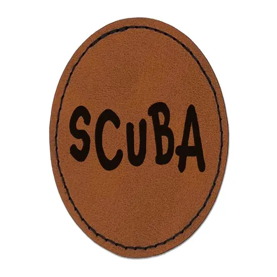Scuba Diving Diver Fun Text Round Iron-On Engraved Faux Leather Patch Applique - 2.5" Brown {1}