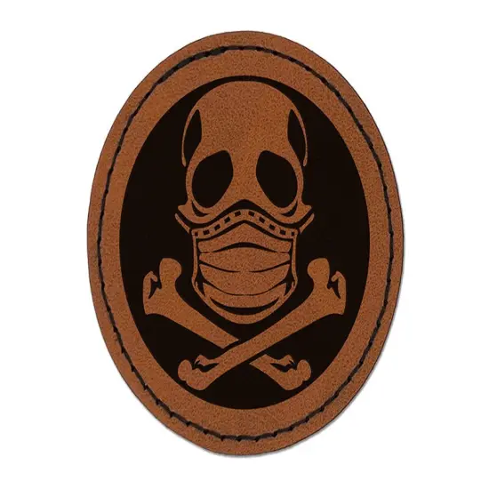 Skull Wearing Mask Round Iron-On Engraved Faux Leather Patch Applique - 2.5" Brown {1}