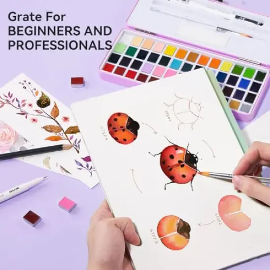 52 Watercolor Paint Set, Travel Watercolors Set with Drawing Pencil, Paint Brushes, 5 Watercolor Paper, Sponge & Black Drawing Pens, Water Colors Paint for Adults, Art Supplies, Purple Case {6}