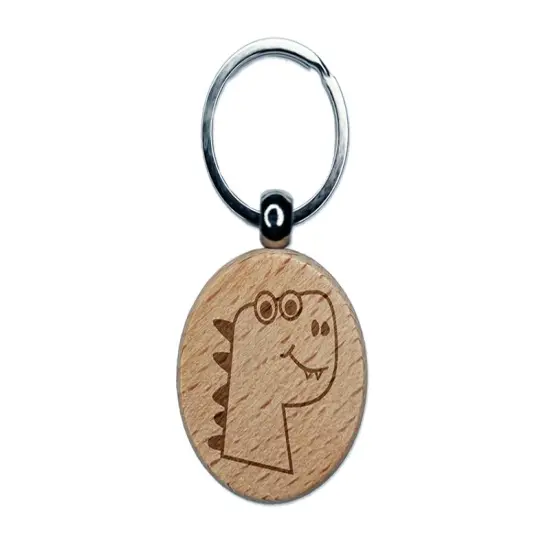 Silly Dinosaur Head Doodle Engraved Wood Round Keychain Tag Charm {1}