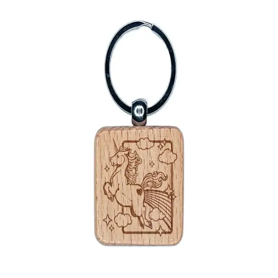 Magical Unicorn Pooping Rainbow and Stars Engraved Wood Square Keychain Tag Charm {1}