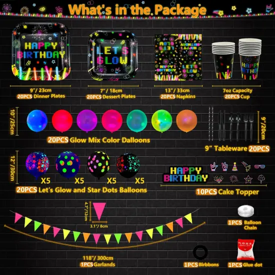 Glow Neon Party Supplies Neon Glow Plate Set Neon Balloon Glow in the Dark Happy Birthday Backdrop Glow Birthday Blacklight Party Decoration Neon Glow Birthday Tableware {6}