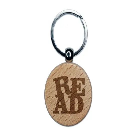 Read Stacked Text Engraved Wood Round Keychain Tag Charm {1}