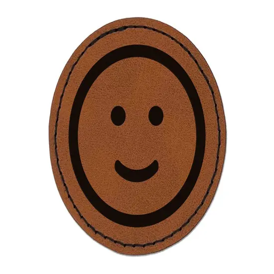 Happy Face Smile Good Job Round Iron-On Engraved Faux Leather Patch Applique - 2.5" Brown {1}