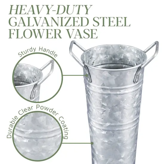 3 Pieces Galvanized Metal Farmhouse Flower Vases 9 Inch, - Rustic Decorative French Flower Bucket Pots for Wedding Table Centerpiece Decorations, Home Decor by Walford Home {4}