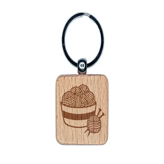 Basket of Yarn Knitting Engraved Wood Square Keychain Tag Charm {1}