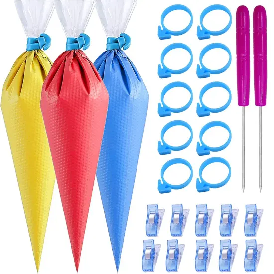 122 Pieces Tipless Piping Bags - 100pcs Disposable Piping Pastry Bag for Royal Icing/Cookies Decorating - 10 Pastry Bag Ties,10 Clips &2 Scriber Needle - Best Cookie/Cake Decorating Tools (14 inch) {1}