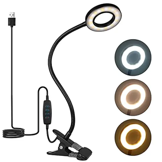 Desk Lamp Clip on Light, 48 LEDs USB Clip Ring Light with 3 Color Modes 10 Dimmable Brightness, Eye Protection Desk Light, 360° Flexible Gooseneck for Desk Headboard Reading {2}