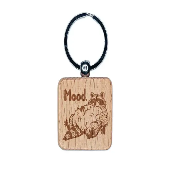 Fluffy Lazy Raccoon Mood Engraved Wood Square Keychain Tag Charm {1}