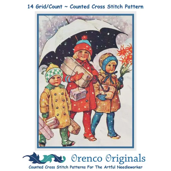 Kids Presents Under Umbrella Jenny Nystrom Counted Cross Stitch Pattern {1}