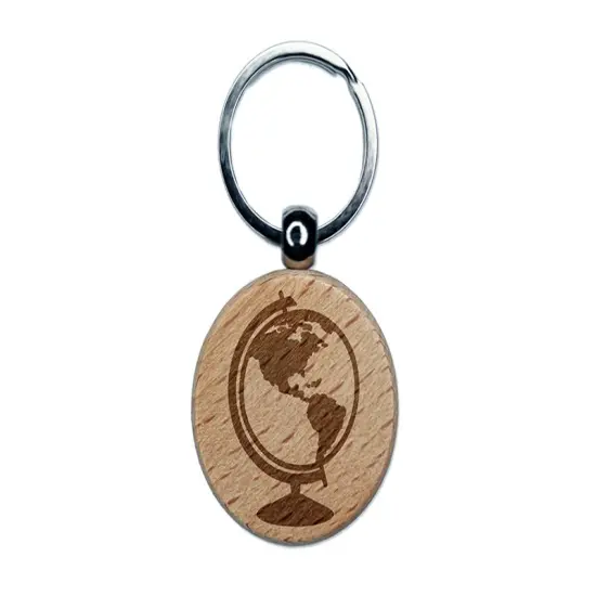 Explorer World Globe of Planet Earth Engraved Wood Round Keychain Tag Charm {1}