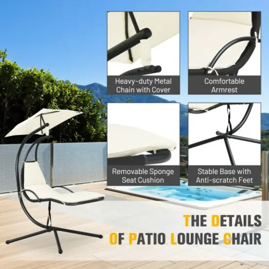 Patio Hanging Hammock Chaise Lounge Chair with Canopy Cushion for Outdoors Beige {2}