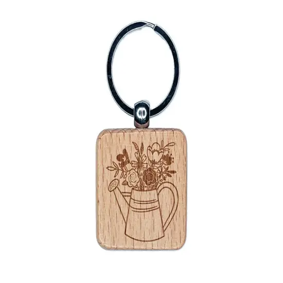 Watering Can Bouquet of Flowers Engraved Wood Square Keychain Tag Charm {1}