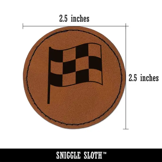 Waving Checkered Flag Round Iron-On Engraved Faux Leather Patch Applique - 2.5" Brown {3}