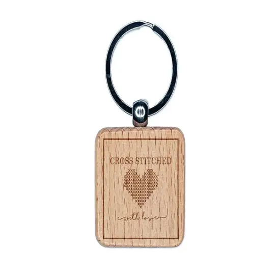 Cross Stitched Heart With Love Label Engraved Wood Square Keychain Tag Charm {1}