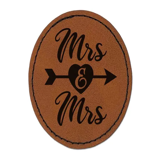 Mrs and Mrs Heart and Arrow Wedding Round Iron-On Engraved Faux Leather Patch Applique - 2.5" Brown {1}