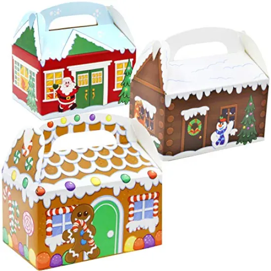 JOYIN 24 PCS 3D Christmas House Cardboard Treat Boxes for Holiday Xmas Goody Gift, Goodie Paper Boxes, School Classroom Party Favor Supplies, Candy Treat Cardboard Cookie Boxes {1}