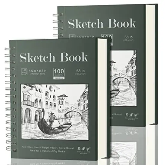 Sketch Book 5.5 X 8.5 - Spiral Sketchbook Pack of 2, SuFly 200 Sheets (68 lb/100gsm) Acid Free Sketch Pads for Drawing for Adults Spiral-Bound with Hard Cover for Kids, 100 Sheets Each {1}