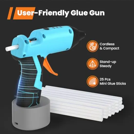 Cordless Hot Glue Gun, 15s Fast Preheating with 2Ah Built-in Battery Hot Melt Glue Gun, Smart Power-Off, Kit with 25 Pcs Premium Mini Glue Sticks and USB-C Charging Port {1}