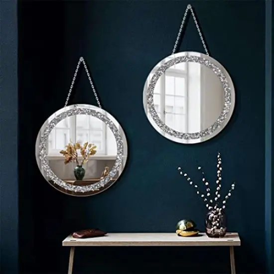 2 Pack Crystal Crush Diamond Silver Mirror Diameter 12 inch Round Shape with Iron Chain Real Glass Mirror for Wall Decor {6}