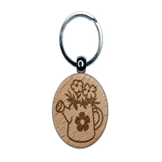 Cute Watering Can with Flowers Engraved Wood Round Keychain Tag Charm {1}