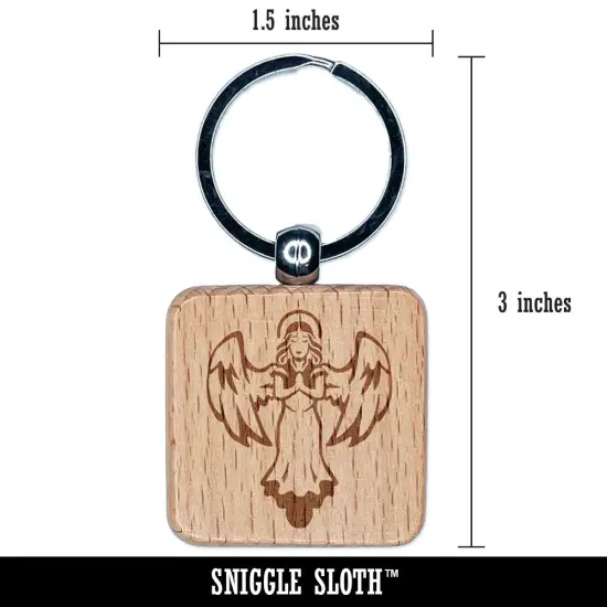 Praying Angel with Wings Engraved Wood Square Keychain Tag Charm {2}