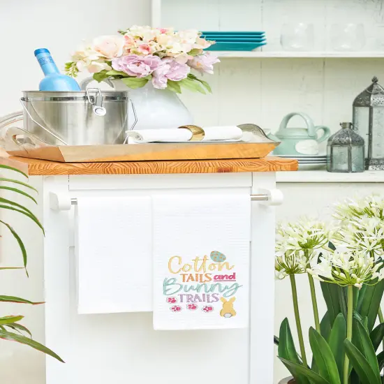 "Cotton Tails & Bunny Trails" Easter Rabbit Embroidered Cotton Waffle Weave Kitchen Dishtowel {5}