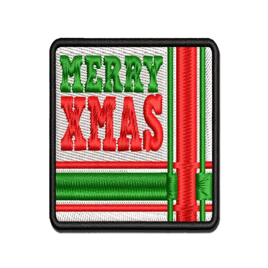 Merry Xmas Christmas with Corner Ribbon Multi-Color Embroidered Iron-On or Hook & Loop Patch Applique {1}