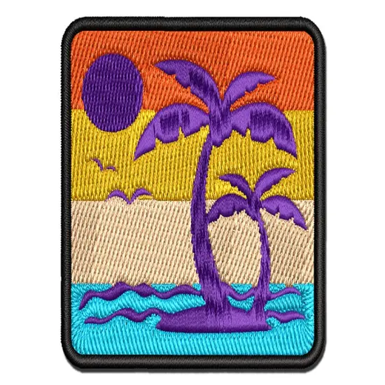 Palm Tree Tropical Island Sun Waves Multi-Color Embroidered Iron-On or Hook & Loop Patch Applique {1}