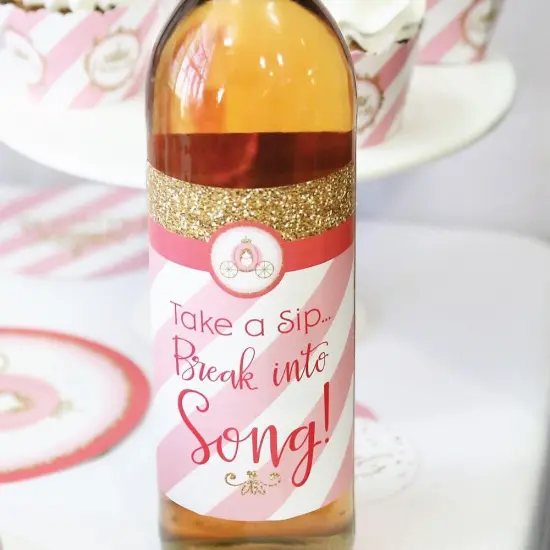 Big Dot of Happiness Little Princess Crown - Pink & Gold Baby Shower or Birthday Party Decor for Women and Men - Wine Bottle Label Stickers - Set of 4 {3}