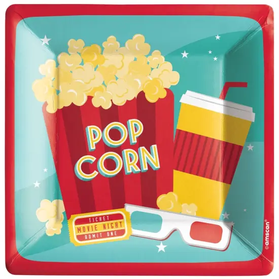 Movie Night Concession Stand Square Paper Dessert Plates, 6.75in, 20ct {1}