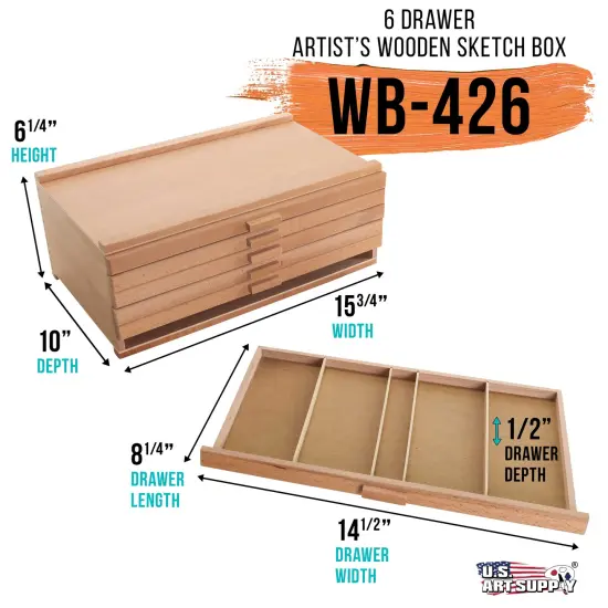 6 Drawer Wood Artist Supply Storage Box - Pastels, Pencils, Pens, Markers, Brushes {3}