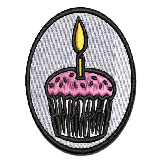Sprinkled Birthday Cupcake with Candle Multi-Color Embroidered Iron-On or Hook & Loop Patch Applique {1}