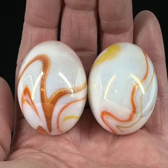 2 BOULDERS 35mm GELATO Marbles Glass White Yellow Orange Iridescent LARGE Swirl {1}