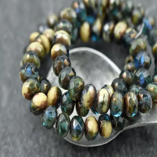 *25* 6x9mm Bronze Washed Blended Teal Ivory Fire Polished Rondelle Beads {3}