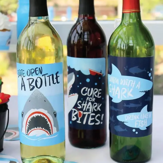 Big Dot of Happiness Shark Zone - Jawsome Party Decorations for Women and Men - Wine Bottle Label Stickers - Set of 4 {3}
