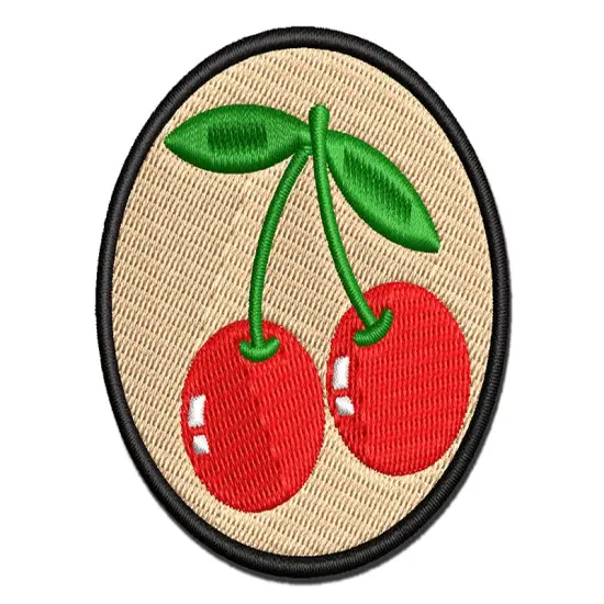 Pair of Cherries on Stem Cherry Fruit Multi-Color Embroidered Iron-On or Hook & Loop Patch Applique {1}