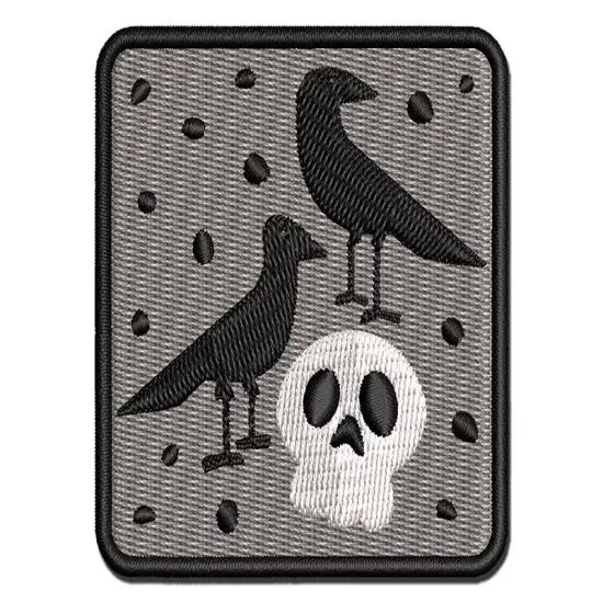 Two Ravens and Skull Halloween Doodle Multi-Color Embroidered Iron-On or Hook & Loop Patch Applique {1}
