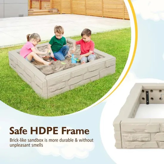 Costway Kids Sandbox with Cover Bottom Liner Backyard Beach HDPE Sandpit for Outdoor Play Brown/White/Gray {6}