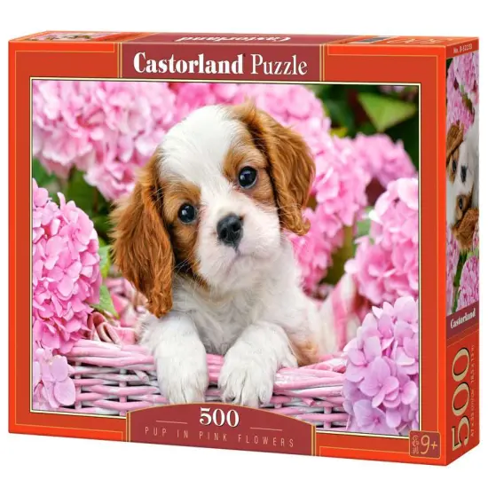 500 Piece Jigsaw Puzzle, Pup in Pink Flowers, Animal puzzle, Dog puzzle; Puppies, Cute dog, Adult Puzzles, Castorland B-52233 {1}