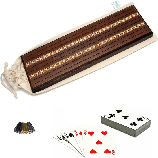 WE Games Deluxe Cribbage Set - Solid Wood with Inlay Sprint 3 Track Board with Easy Grip Pegs, Deck of Cards & Canvas Storage Bag {6}
