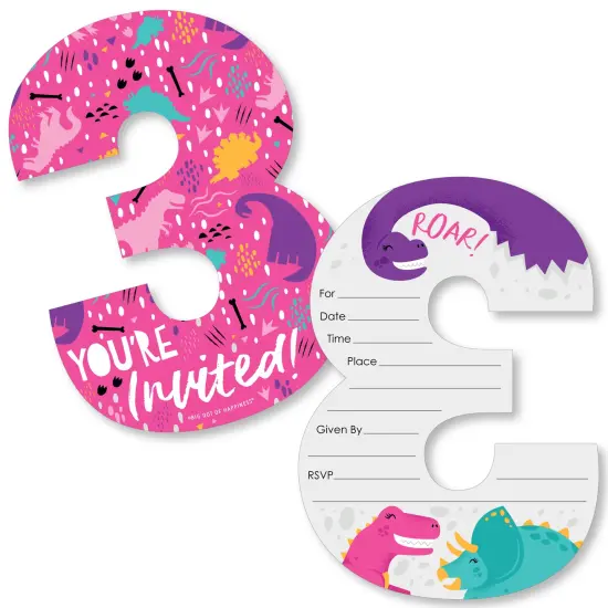 Big Dot of Happiness 3rd Birthday Roar Dinosaur Girl - Shaped Fill-In Three Rex Dino Third Birthday Party Invitation Cards with Envelopes - 12 Ct {1}