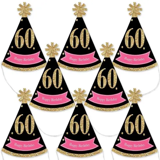 Big Dot of Happiness Chic 60th Birthday - Pink, Black and Gold - Mini Cone Birthday Party Hats - Small Little Party Hats - Set of 8 {1}