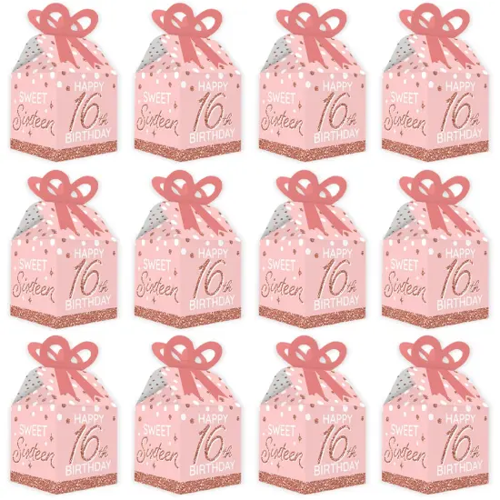 Big Dot of Happiness 16th Pink Rose Gold Birthday - Square Favor Gift Boxes - Happy Birthday Party Bow Boxes - Set of 12 {6}